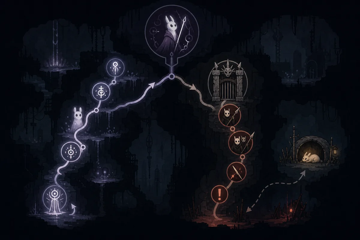 Editorial diagram showing Artificer karma gate decisions with echo markers, gate symbols, scavenger danger, and shelter reset