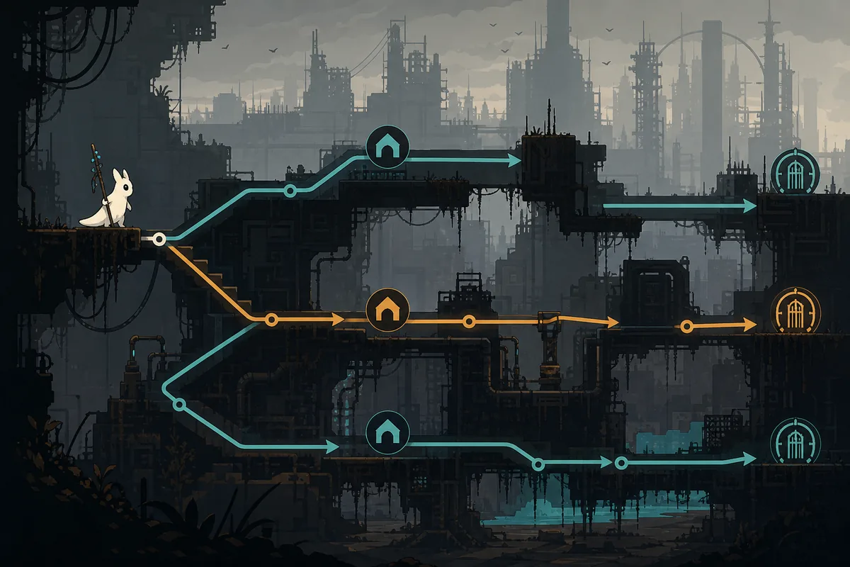 Editorial Rain World Artificer map planning illustration with shelters, route branches, gates, and a distant city silhouette