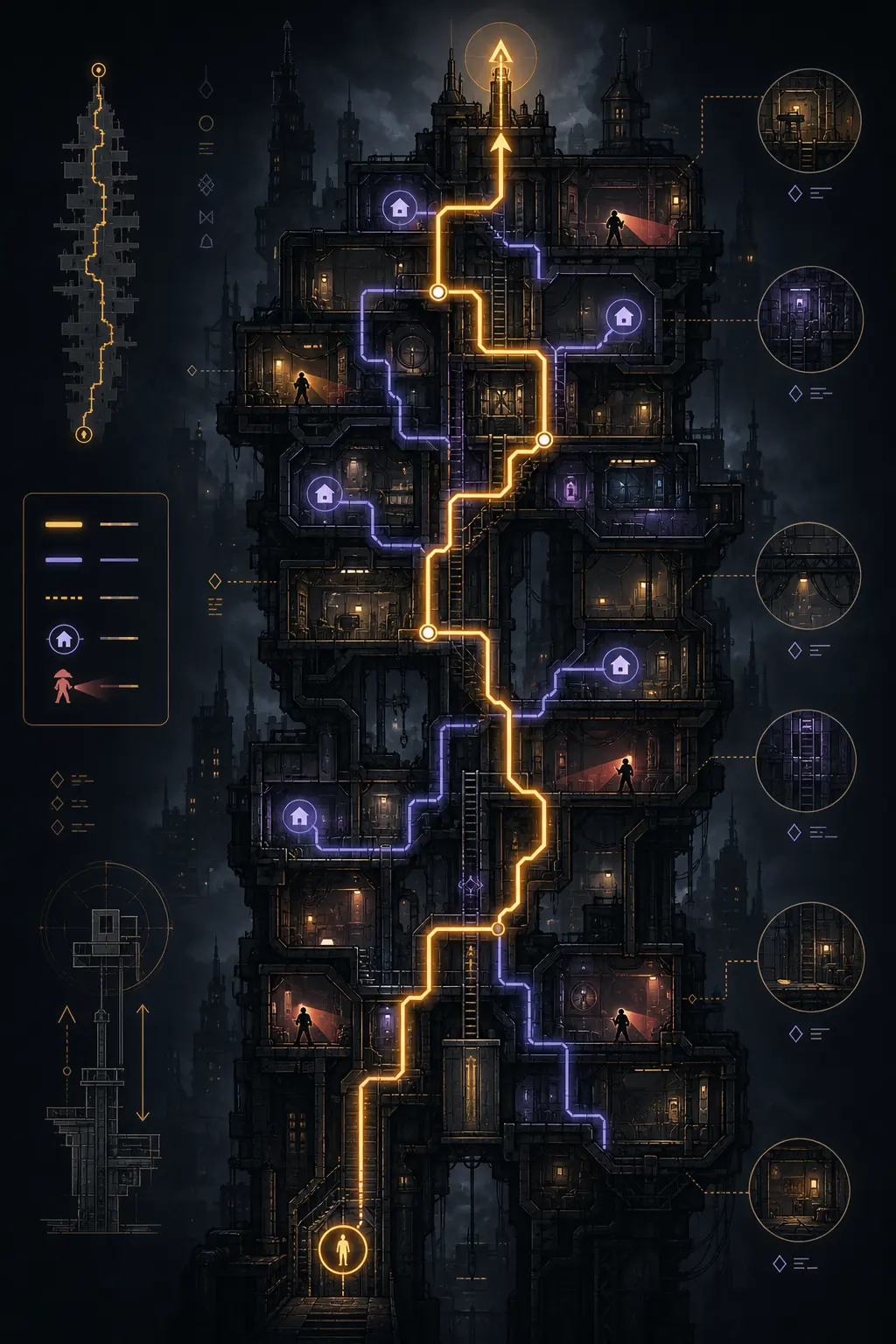 Editorial vertical route illustration for Artificer Metropolis shelter planning and objective path