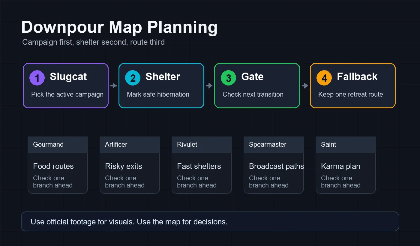 Rain World Downpour map planning diagram for DLC slugcat routes, shelters, gates, and spoiler-safe checks