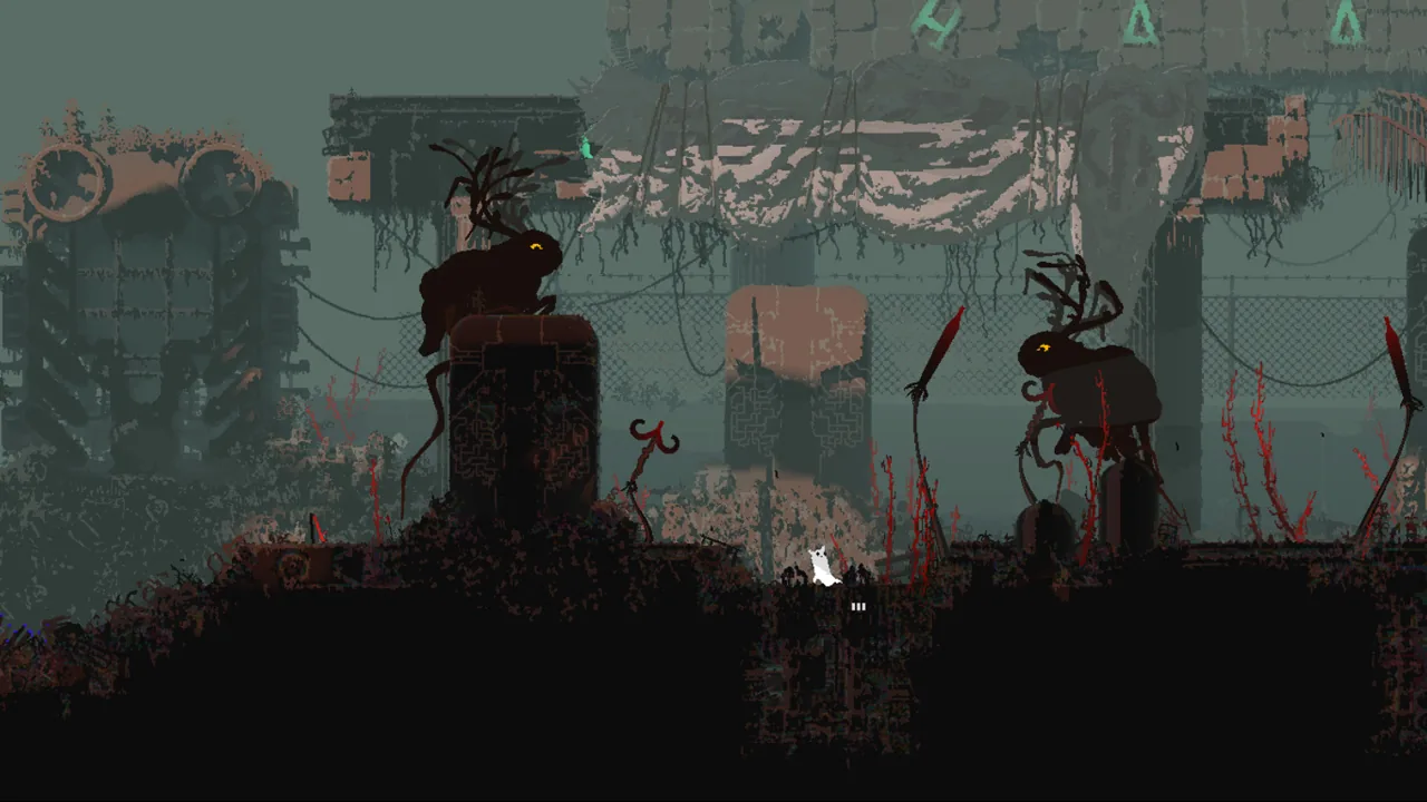 Official Rain World screenshot with pipe structures and hostile creatures
