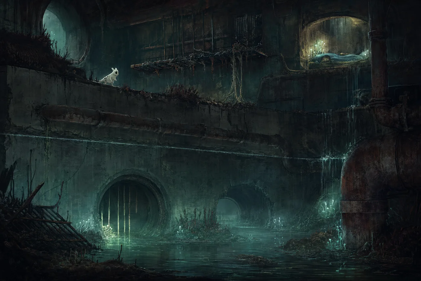 Editorial concept illustration of a Slugcat choosing a dry route above flooded drainage tunnels