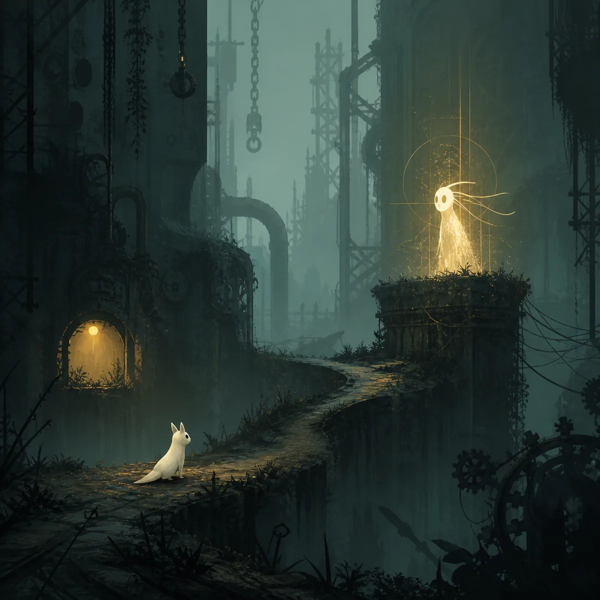 Editorial illustration of a slugcat approaching a glowing Echo in a ruined Rain World region