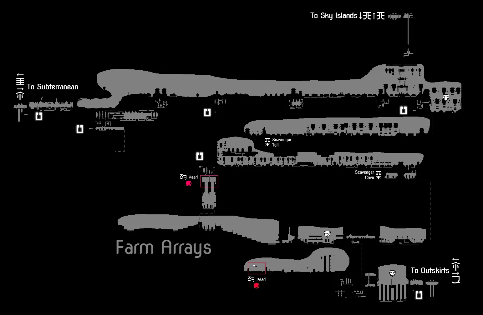 Community Farm Arrays map showing connections toward Sky Islands, Subterranean, and Outskirts