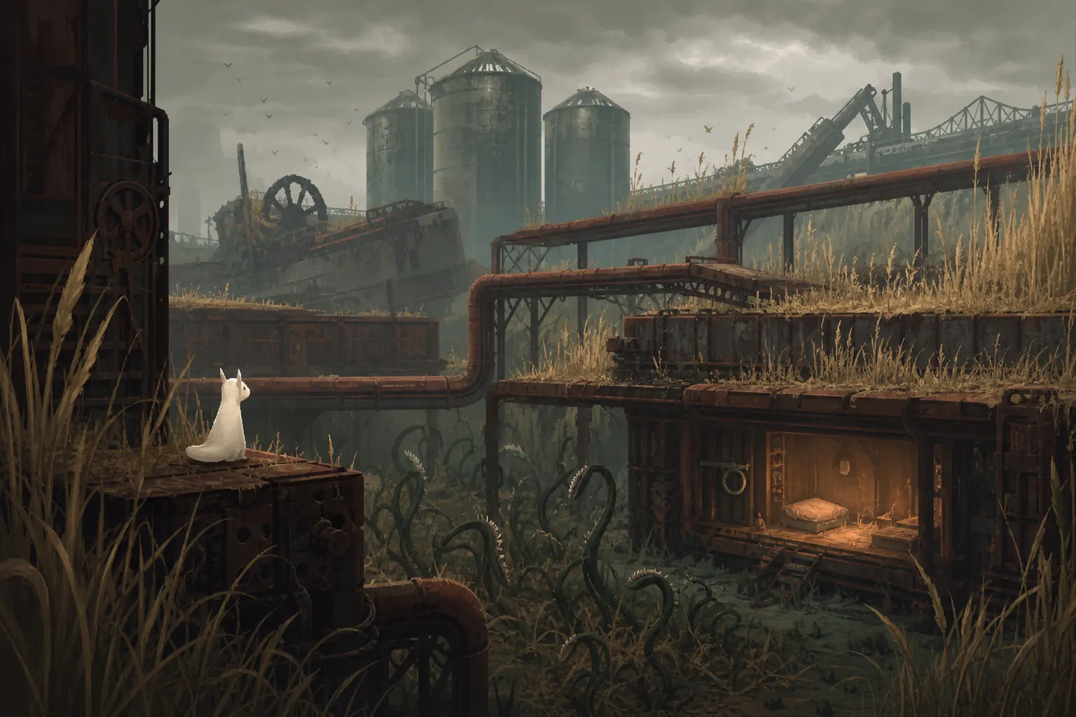 Editorial Farm Arrays route illustration showing Worm Grass below a safer platform and a shelter entrance