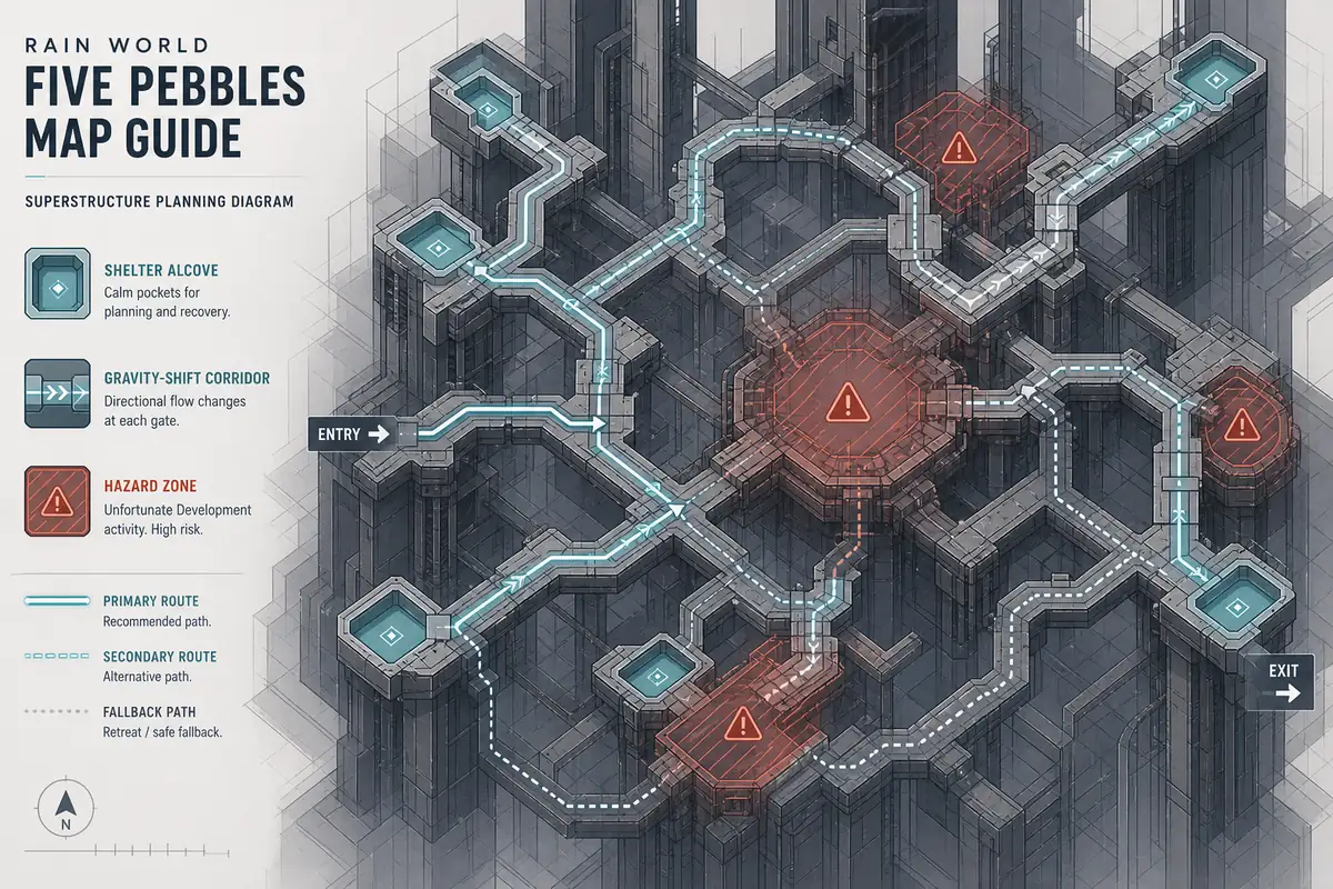 Editorial shelter planning visual for Five Pebbles hazards and fallback routes