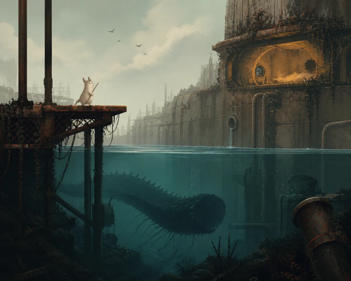Editorial illustration of a slugcat watching a submerged garbage worm from a raised platform beside a shelter alcove