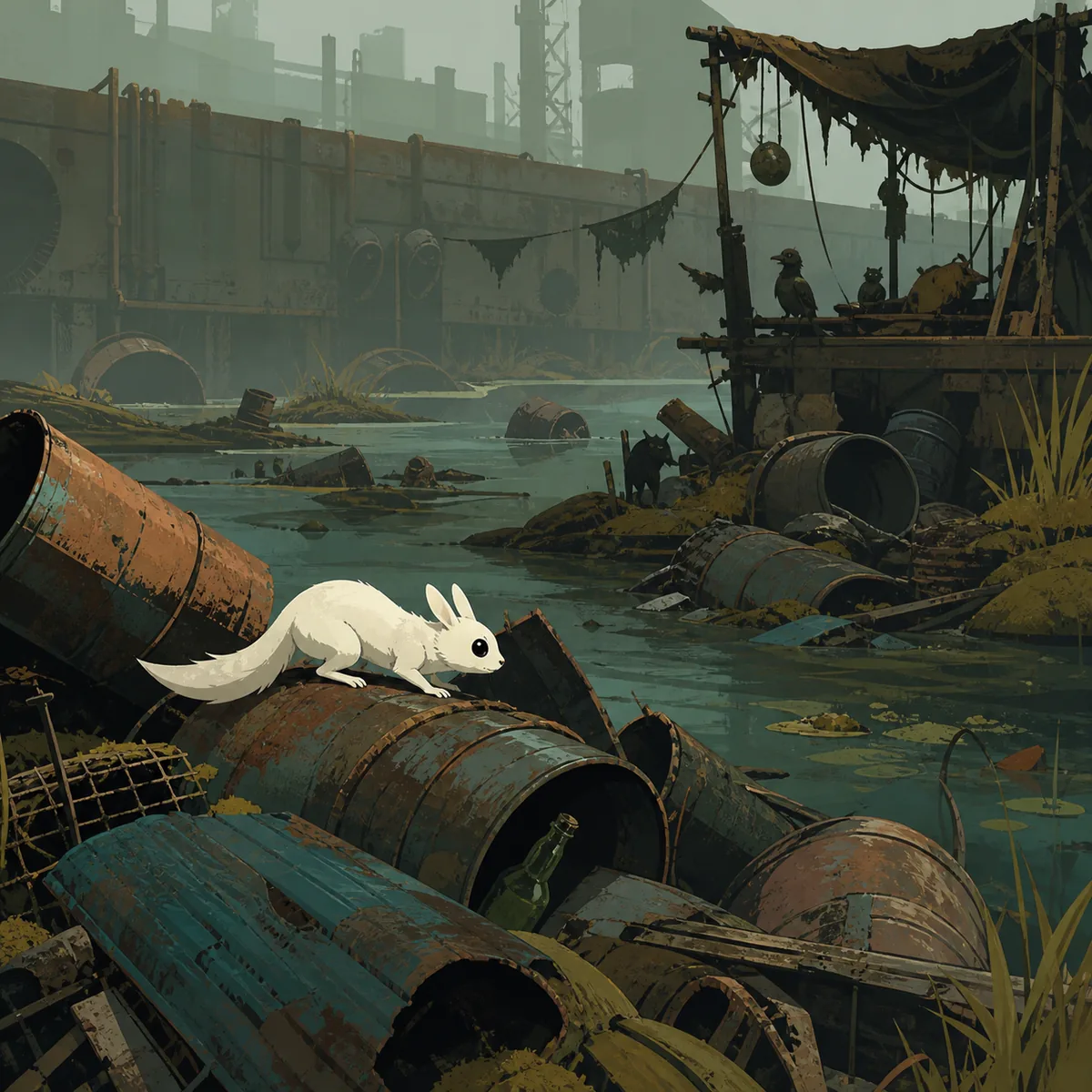 Editorial illustration of a slugcat navigating rusted pipes and shallow water in Garbage Wastes