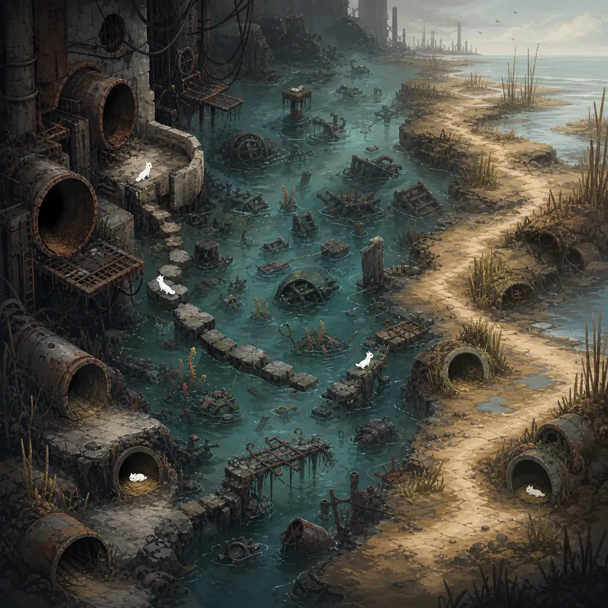 Editorial route-flow illustration showing an industrial entrance, flooded garbage basin and shoreline-side exit