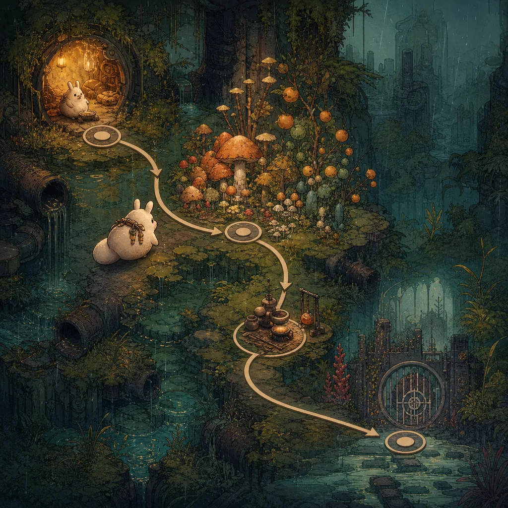 Editorial Gourmand food route illustration showing a shelter, food-rich area, crafting stop, and region gate