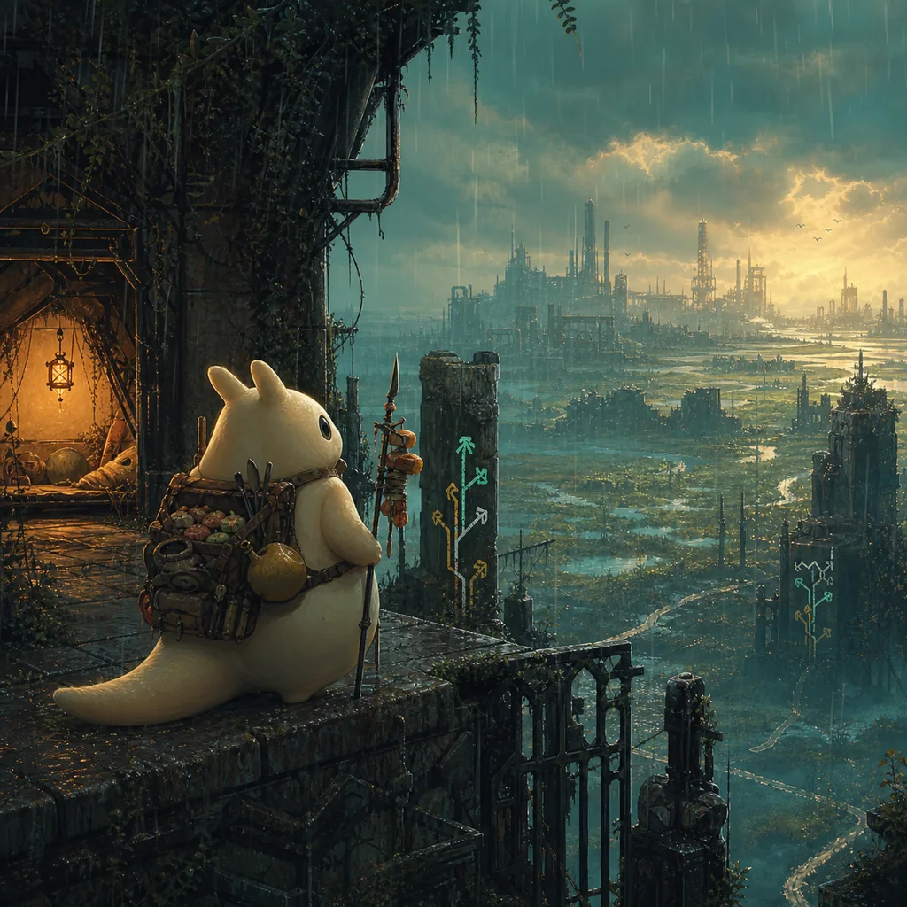 Editorial Gourmand late-campaign route illustration overlooking a wide ruined region with a shelter and branching paths