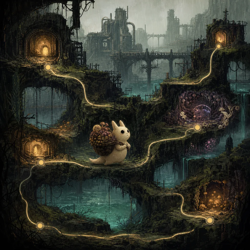 Editorial Rain World Gourmand route illustration with food, shelters, branching paths, and ruined industrial regions