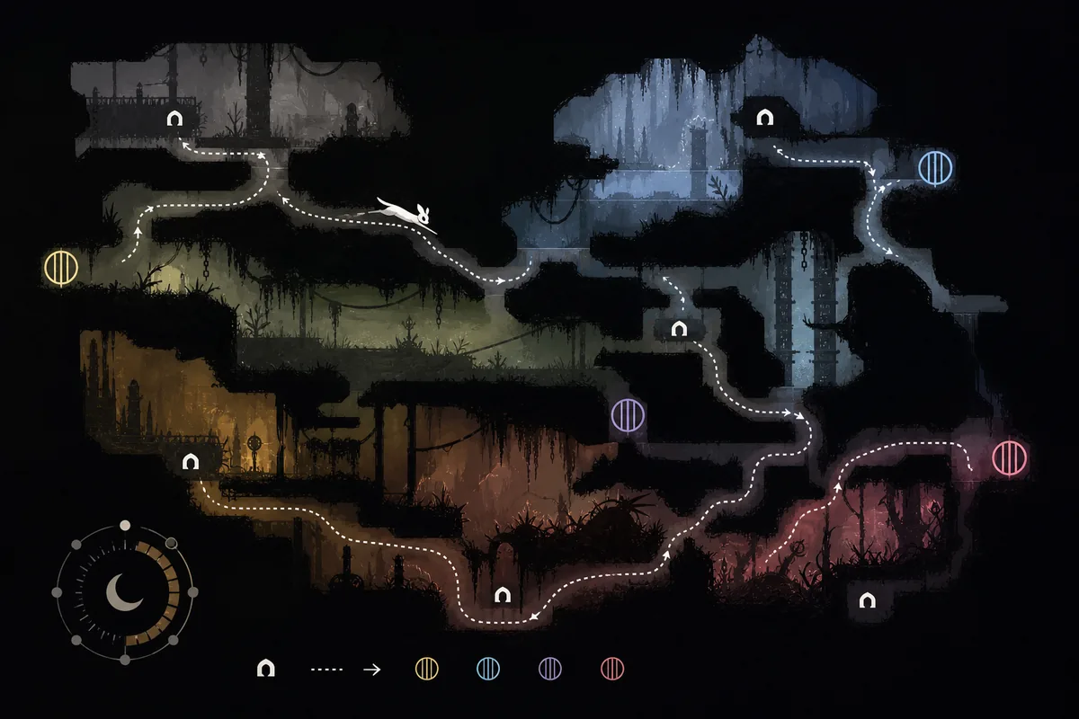Editorial Rain World Hunter route map illustration with shelters, gates, cycle timer, and branching paths