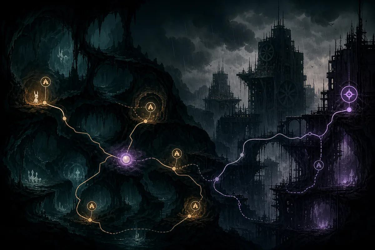 Editorial Hunter neuron delivery route illustration from cave shelters toward a distant superstructure