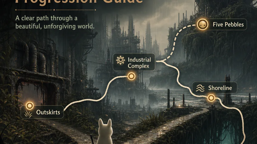 Rain World progression guide route map showing a slugcat choosing paths between regions