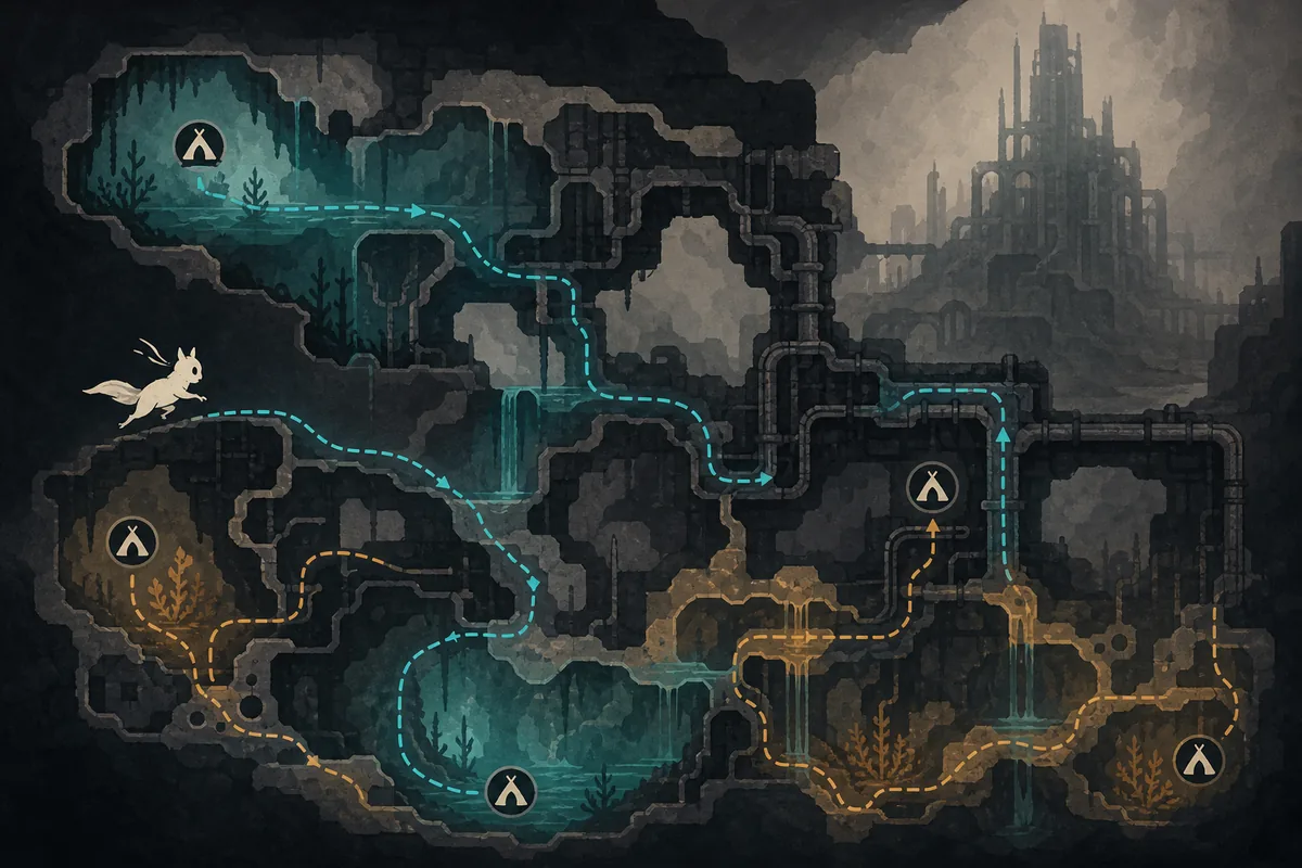 Editorial Rivulet route planning visual with water paths, shelters, and superstructure route markers