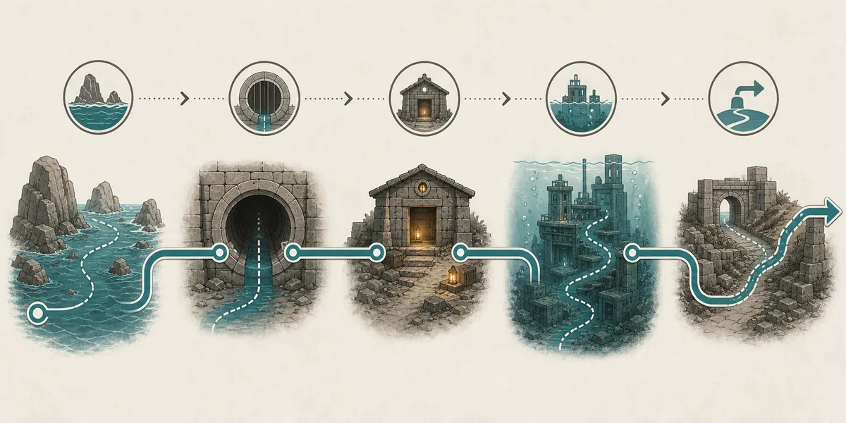 Editorial route-flow diagram for Rivulet water routes, shelter checks, superstructure entry, and exit planning
