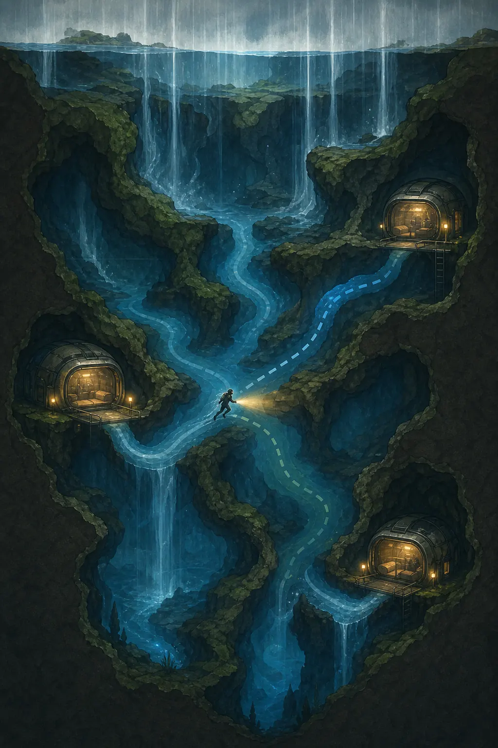 Editorial Rivulet shelter planning visual with waterfalls, safe shelters, and fallback route lines