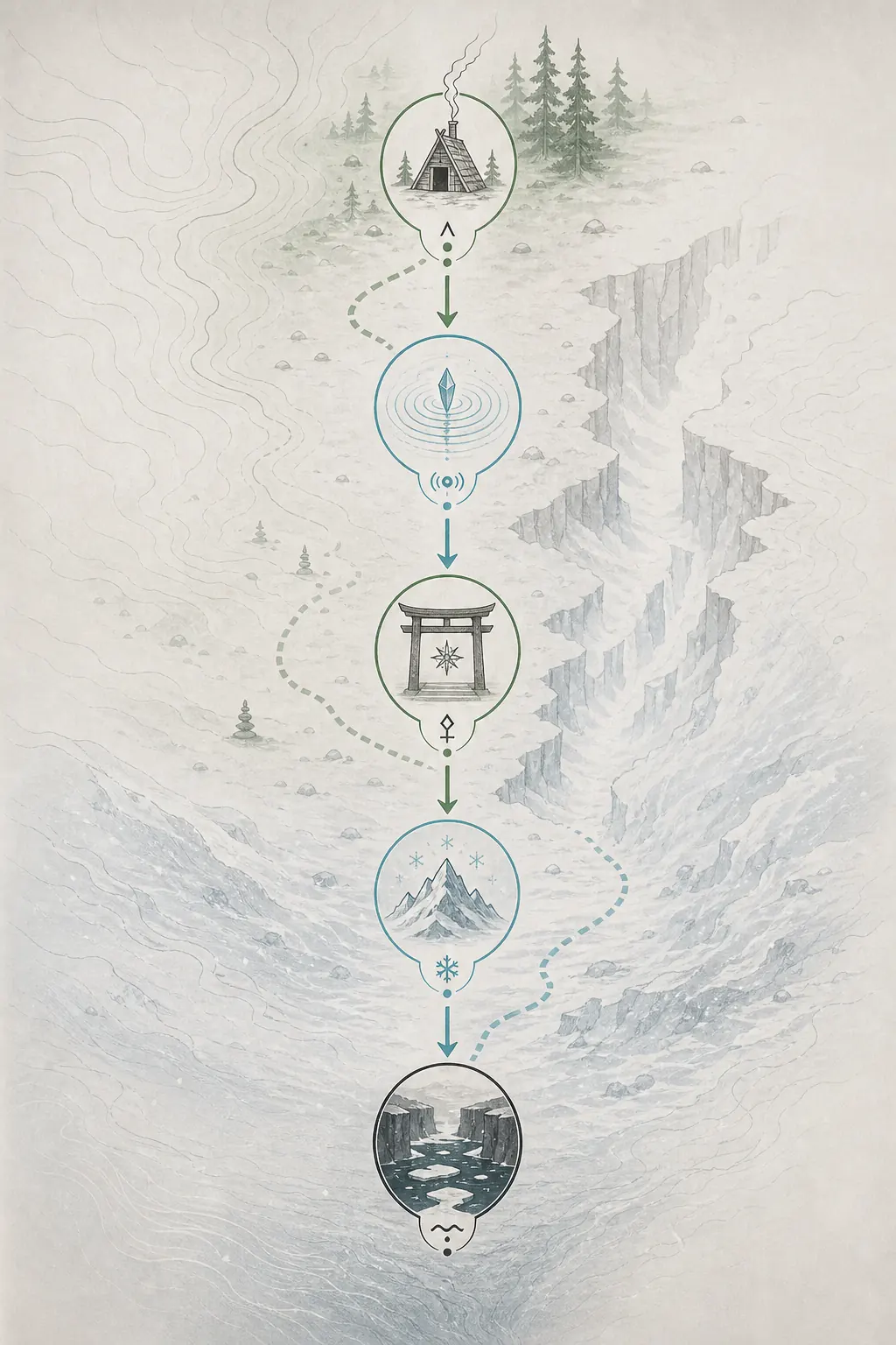 Editorial route diagram for Saint echo visits, shelter checks, karma gates, cold-region transition, and Rubicon approach