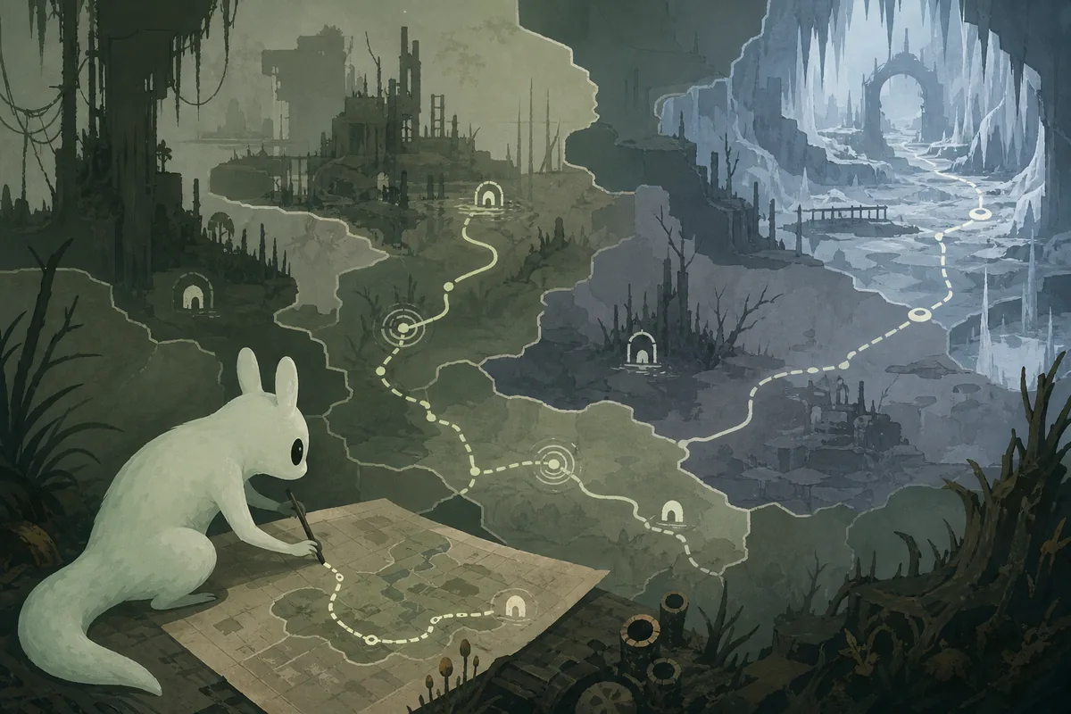 Editorial Rain World Saint route planning illustration with shelters, echoes, cold regions, and a distant Rubicon passage