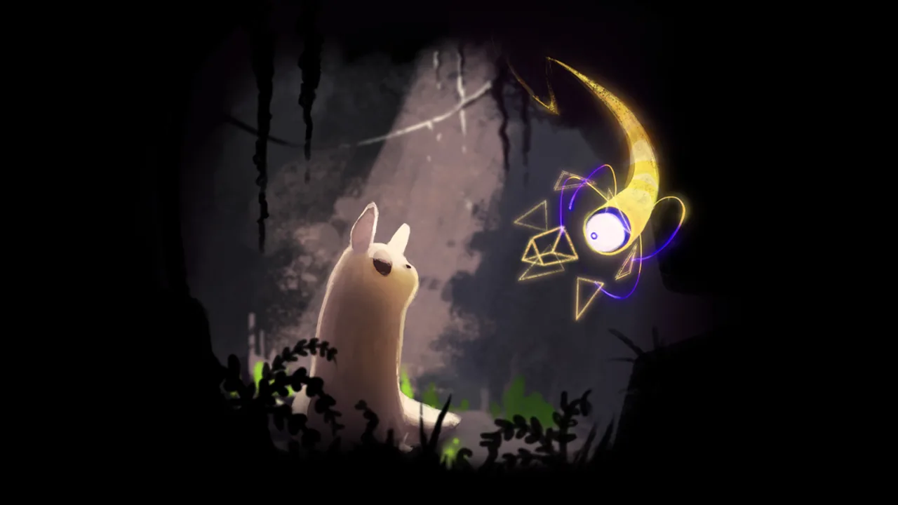 Official Rain World screenshot showing a Slugcat beside a glowing Overseer in darkness