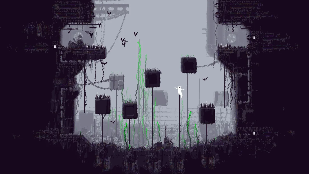 Official Rain World gameplay screenshot with vertical platforms and dangerous gaps