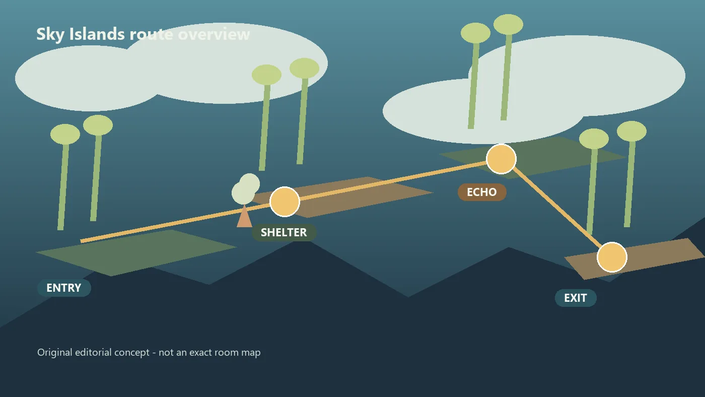 Editorial Sky Islands route diagram showing an entry, shelter, Echo check, and exit