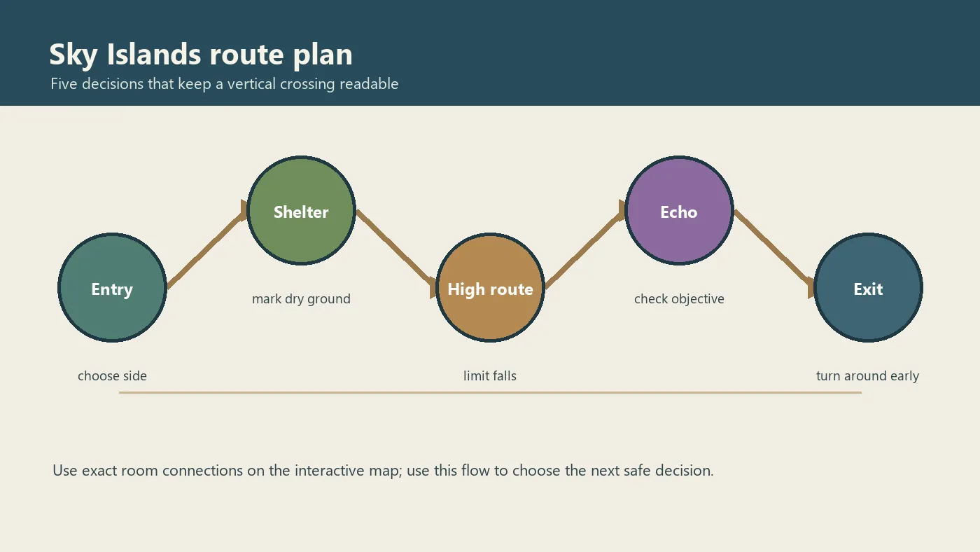 Editorial flow showing Sky Islands entry, shelter, high route, Echo check, and exit decisions