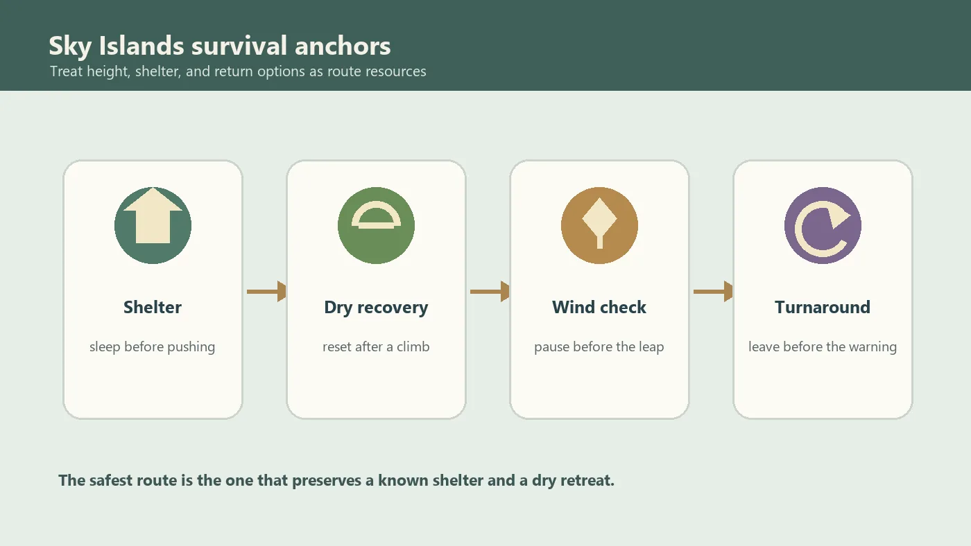 Editorial Sky Islands shelter plan with dry recovery, wind checks, and a turnaround option