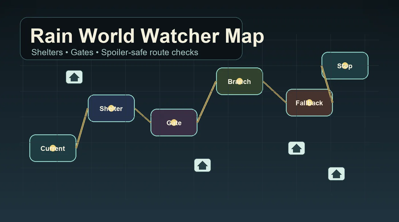 Rain World Watcher map planning diagram with shelter, gate, spoiler, and route checkpoints